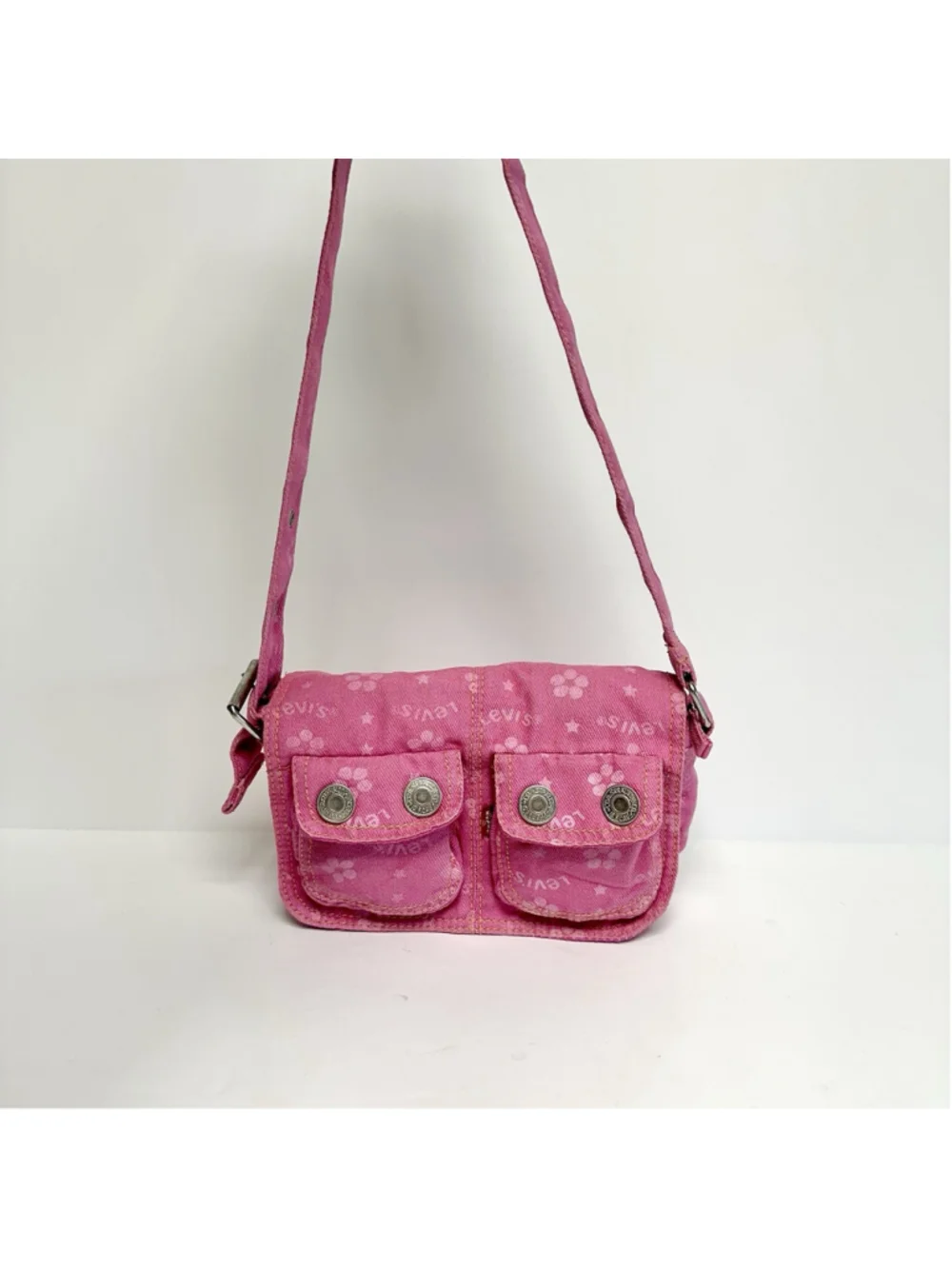 Vintage Levis Pink Denim Utility Shoulder Bag Y2K Cargo Purse Floral Print